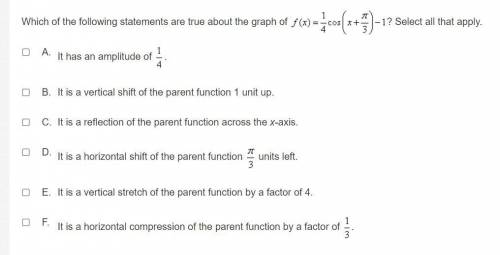Which of the following statements are true about the graph of f(x) = 1/4 cos (x +pi/3) - 1 ? Select
