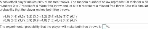 A basketball player makes 80​% of his free throws. The random numbers below represent 20 trials for
