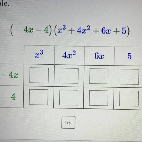 So sorry i am bad at math please help me!

Use the box method to distribute and simplify
(-4x – 4)