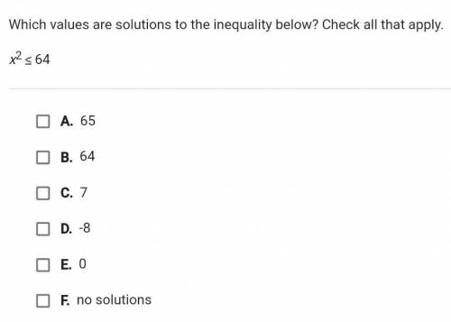 Which values are solutions to the inequality below? Check all that apply.x² < 64​