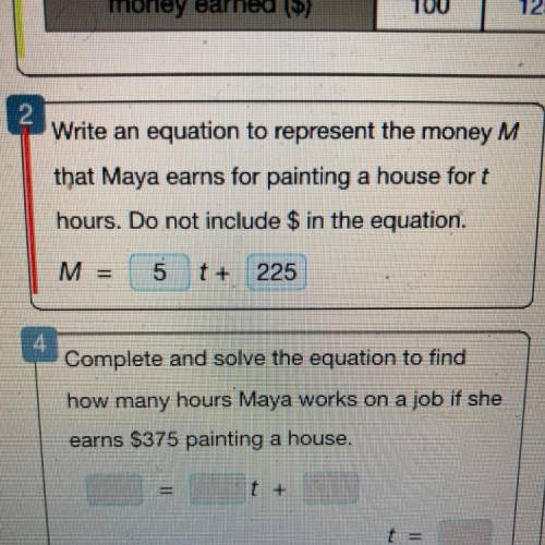 Write an equation to represent the money M

that Maya earns for painting a house for t
hours. Do n
