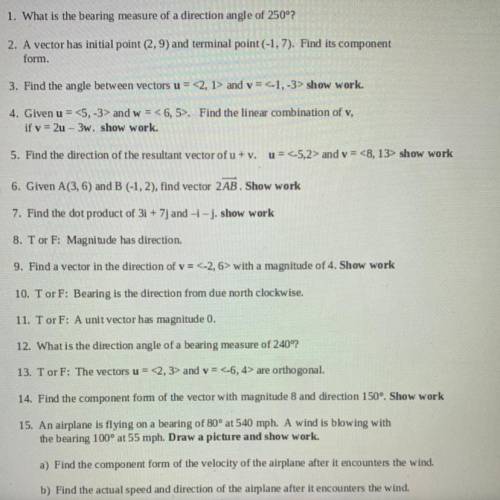 What is the bearing measure of a direction angle of 250°?