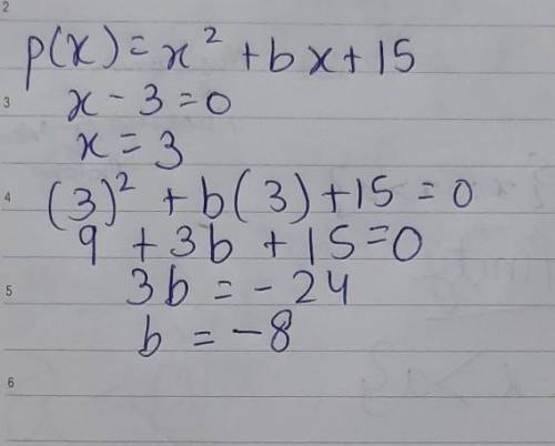 The polynomial x^2+bx+15 has a factor of x-3. what is the value of b ?