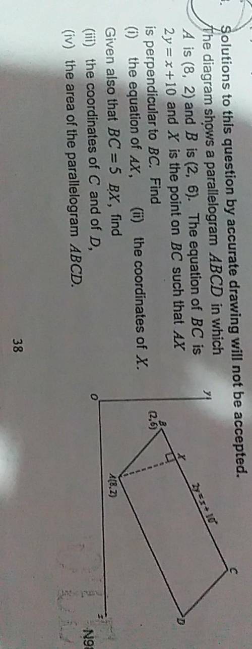 The diagram shows a parallelogram ABCD in which

A is (8, 2) and B is (2, 6). The equation of BC i