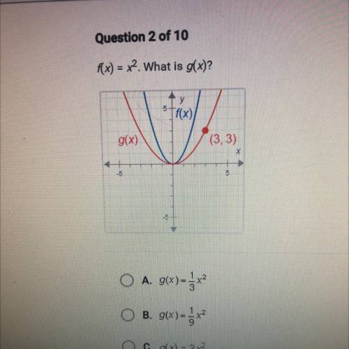 NEED HELP ASP WILL GIVE
f(x) = x2. What is g(x)?
A. g(x)= 1/3 x^2
B. g(x)= 1/9 x^2
c. g(x