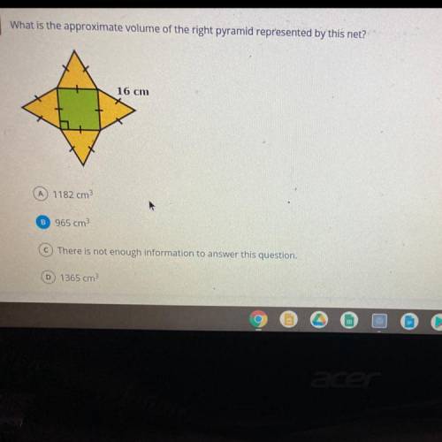 What is the approximate volume of the right pyramid represented by this net?
16 cm