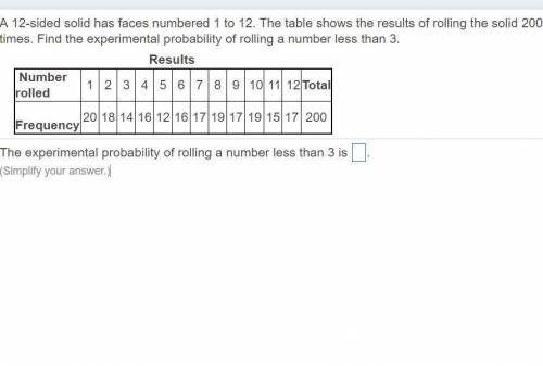A​ 12-sided solid has faces numbered 1 to 12. The table shows the results of rolling the solid 200