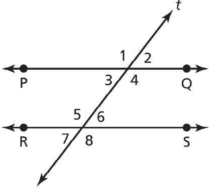In the diagram, PQ←→ ∥ RS←→ , and transversal t intersects both lines.

Select all of the true sta