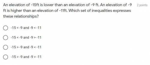 An elevation of -15ft is lower than an elevation of -9 ft. An elevation of -9 ft is higher than an