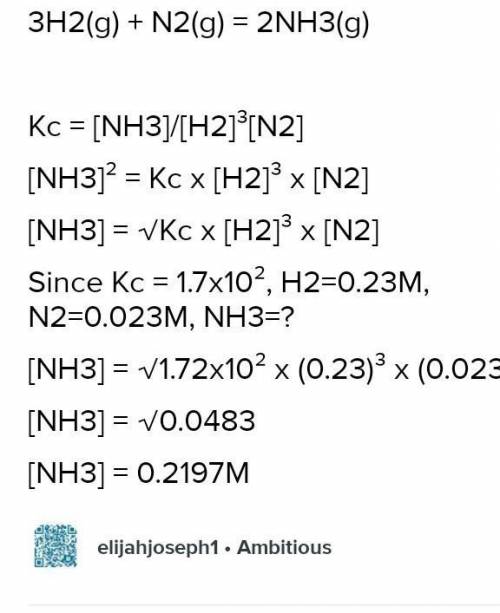 What is the Kc for the following reaction at equilibrium at 500∘C if [N2]= 0.41 M , [H2]= 0.41 M , a