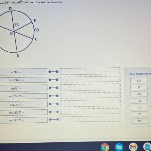 In circle B, m ZDBF = 75°,m FC =60° and DE and AC are diameters.

Need help with this question asa