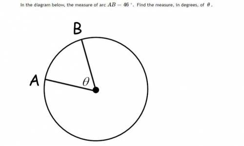 In the diagram below, the measure of arc AB=46°. Find the measure, in degrees, of θ .