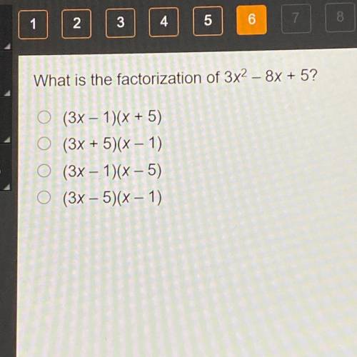 What is the factorization of 382 - 8% + 5?

(3x - 1)(x + 5)
(3x - 5)(x - 1)
(3% - 1)(x - 5)
(3% -