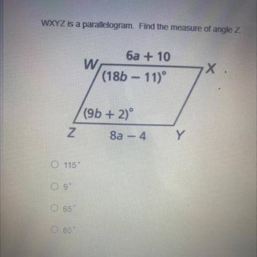 WXYZ is a parallelogram. Find the measure of angle Z