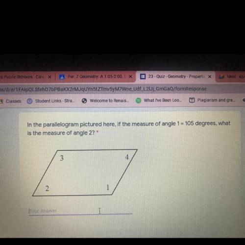 PLEASE HELP in the parallelogram here if the measure of angle 1=105 degrees what is the measure of
