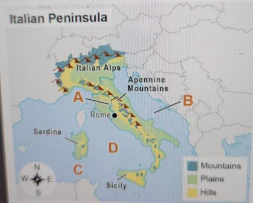 Which letter labels the Tyrrhenian Sea?​