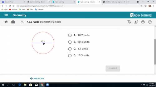 The blue segments below is a diameter of oo. What is the length of the radius of the circle?