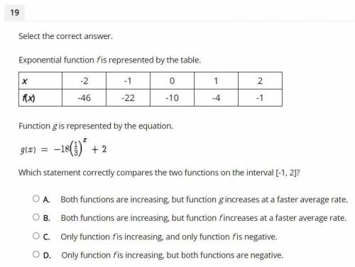Select the correct answer.

Exponential function f is represented by the table.
Function g is repr