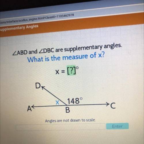 ZABD and ZDBC are supplementary angles.

What is the measure of x?
x = [?]
DK
X 148°
AR
>C
>