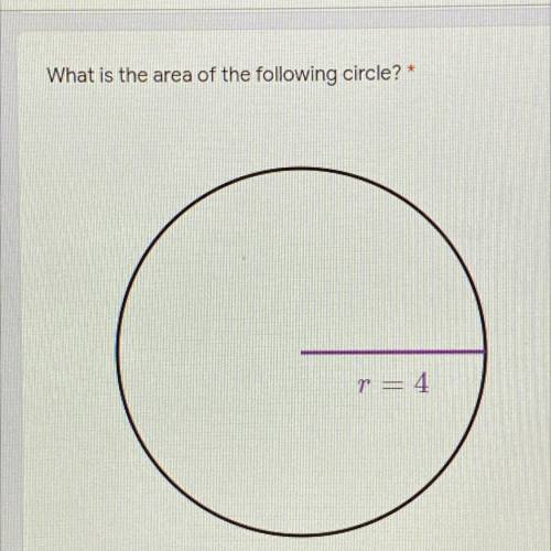 What is the area of the following circle?
r = 4