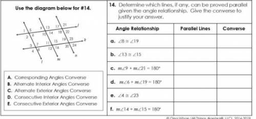 Determine which lines, if any, can be proved parallel given the angle relationship. Give the conver