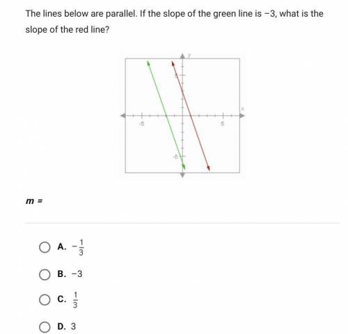 The lines below are parallel. If the slope of the green line is -3, what is the

slope of the red