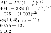 AV=PV(1+\frac{i}{n})^{n*t}\\4045=3355(1+\frac{.037}{12})^{12t}\\1.025=(1.003)^{12t}\\log1.025_{1.003}=12t\\60.75=12t\\5.062