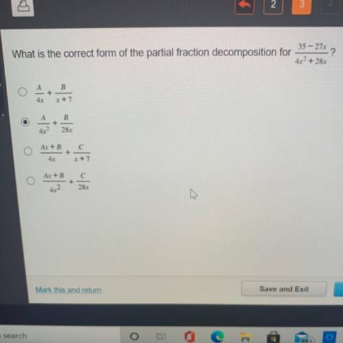 What is the correct form of the partial fraction decomposition for 35 – 27x/4x^2+ 28.