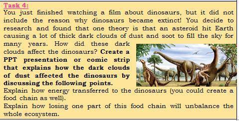 PLS HELP!! Explain how energy transferred to the dinosaurs (you could create a food chain as well).