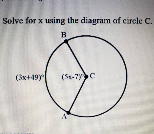 Solve for x using the diagram of circle C. (3x+49)º (5x-7)°C​