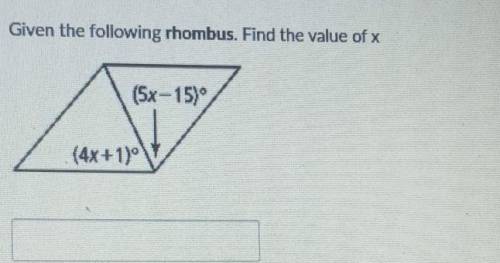 Given the following rhombus. Find the value of x (5x-15) (4x+1)°​