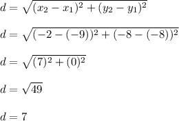 d=\sqrt{(x_2-x_1)^2 + (y_2-y_1)^2} \\\\d=\sqrt{(-2-(-9))^2 + (-8-(-8))^2}\\\\d=\sqrt{(7\\)^2+(0)^2} \\\\d=\sqrt{49} \\\\d=7 \\\\