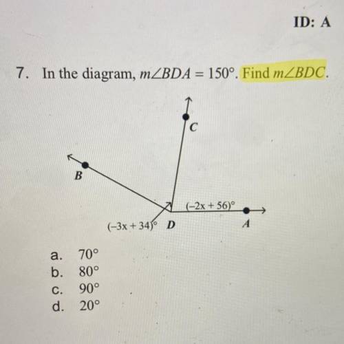 In the diagram, mZBDA = 150°. Find mZBDC.