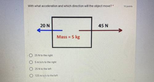 With what acceleration and which direction will the object move?

20 N
45 N
Mass = 5 kg
25 N to th