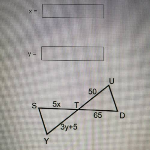 Triangle STY and Triangle DTU are congruent. Use the image to solve for each variable