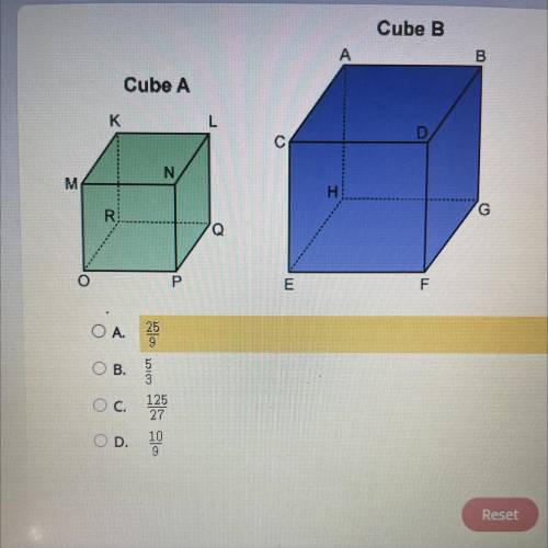 Select the correct answer.

Cube A and cube B are similar solids. The volume of cube Als 27 cubic