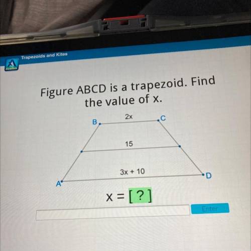 Figure ABCD is a trapezoid. Find

the value of x.
2x
B.
С
15
3x + 10
ya
D
x = [?]