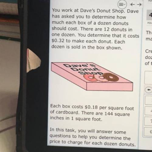 The total cost for one dozen donuts include the cost to make the donuts and the cost of the box. Cr