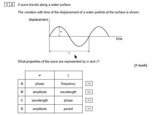 A wave travels along a water surface.

The variation with time of the displacement of a water part