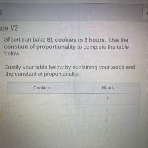 Gilbert can bake 81 cookies in 3 hours. Use the

constant of proportionality to complete the table