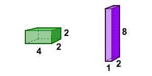 Which of the rectangular boxes shown has the greater volume?

A. The green box.
B. The purple box.