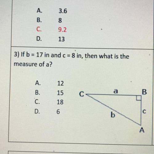 If b=17 in and c=8 in, then what is the measure of a?