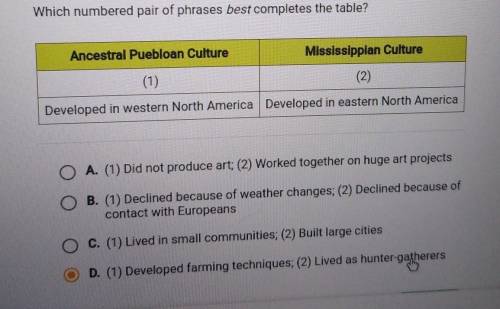 Which numbered pair of phrases best completes the table? Ancestral Puebloan Culture Mississippian C