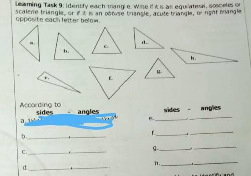 identify each triangle right if it is an equilateral, isosceles or scalene triangle, or if it is an
