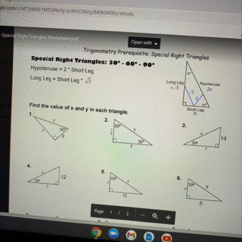 Special right triangles: The value of x and y in each triangle