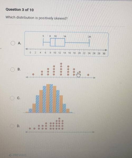 Question 3 of 10 Which distribution is positively skewed A. B. Go c. please help ​
