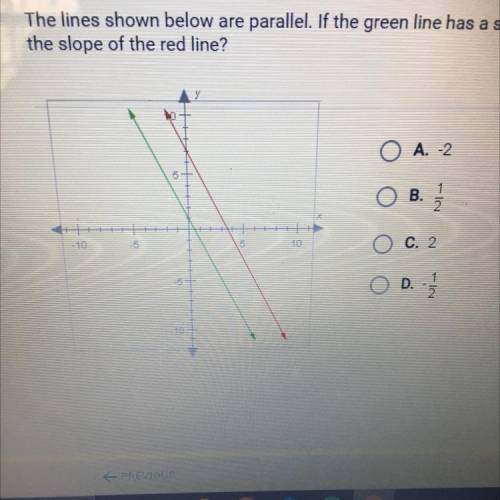 The lines shown below are parallel. If the green line has a slope of -2, what is

the slope of the