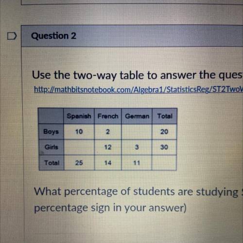 !!PLEASE ANSWER QUICK

use the two way table to answer the question. 
what percentage of students