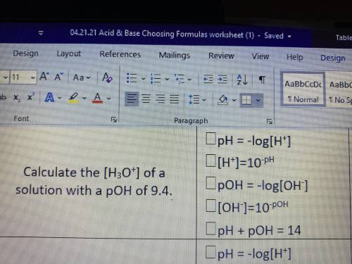 Calculate the [H3O+] of a solution with a pOH of 9. 4 (Show your work) NO LINKS PLEASE