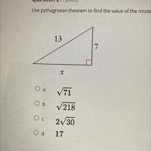 Question 2

Use pythagroean theorem to find the value of the missing side. Leave answers in simple